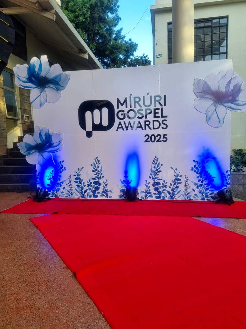 Cover of the Miruri Gospel Awards album: a floral red-carpet backdrop for the Miruri Gospel Awards 2025