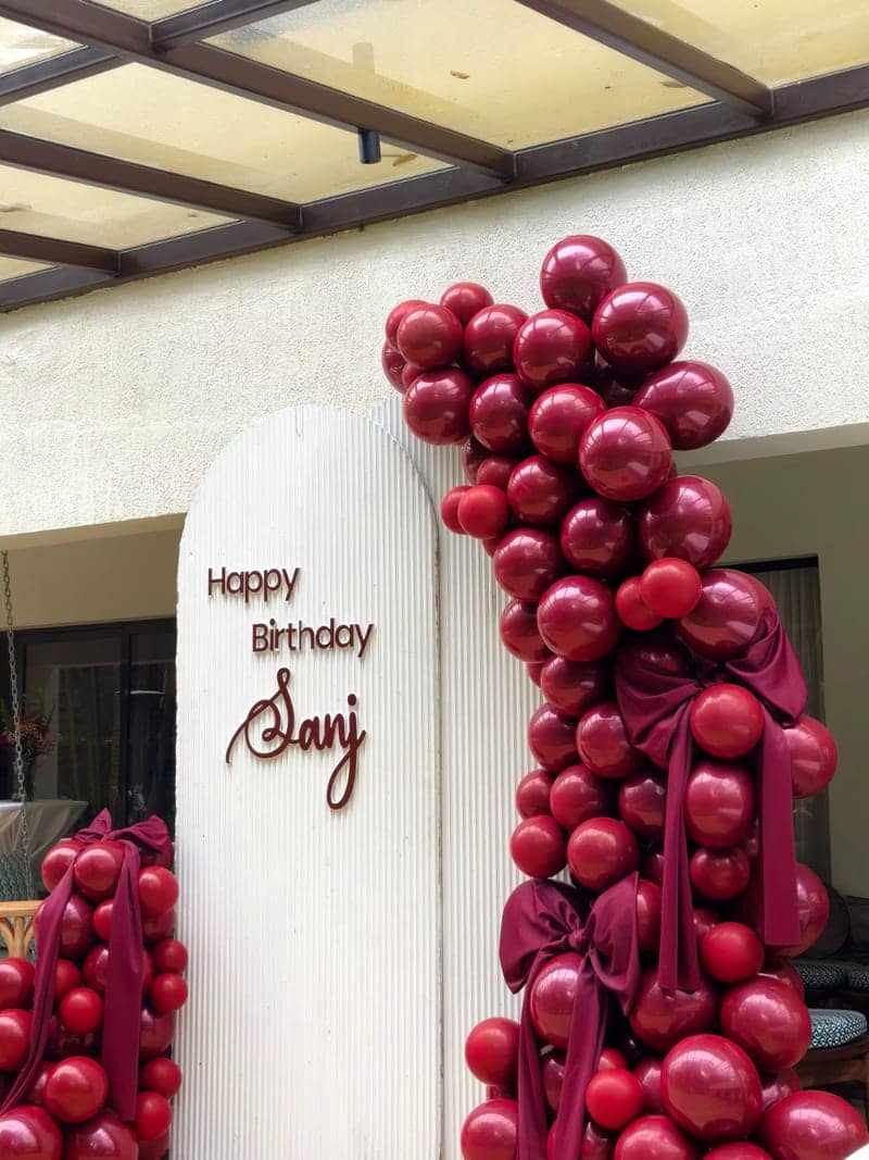 Cover of the Sanj's Birthday album: a burgundy balloon garland on a white arched backdrop reading Happy Birthday Sanj